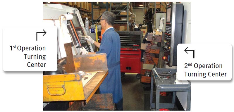 First and second operations machining occurring simultaneously within a work cell. TRAK 2op Application Example 1, Figure 1